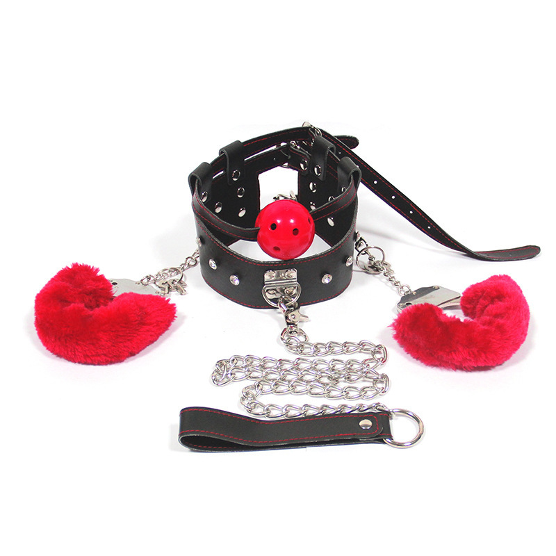 Collar + Handcuffs + Ball Gag Kit Leather Bondage Gear