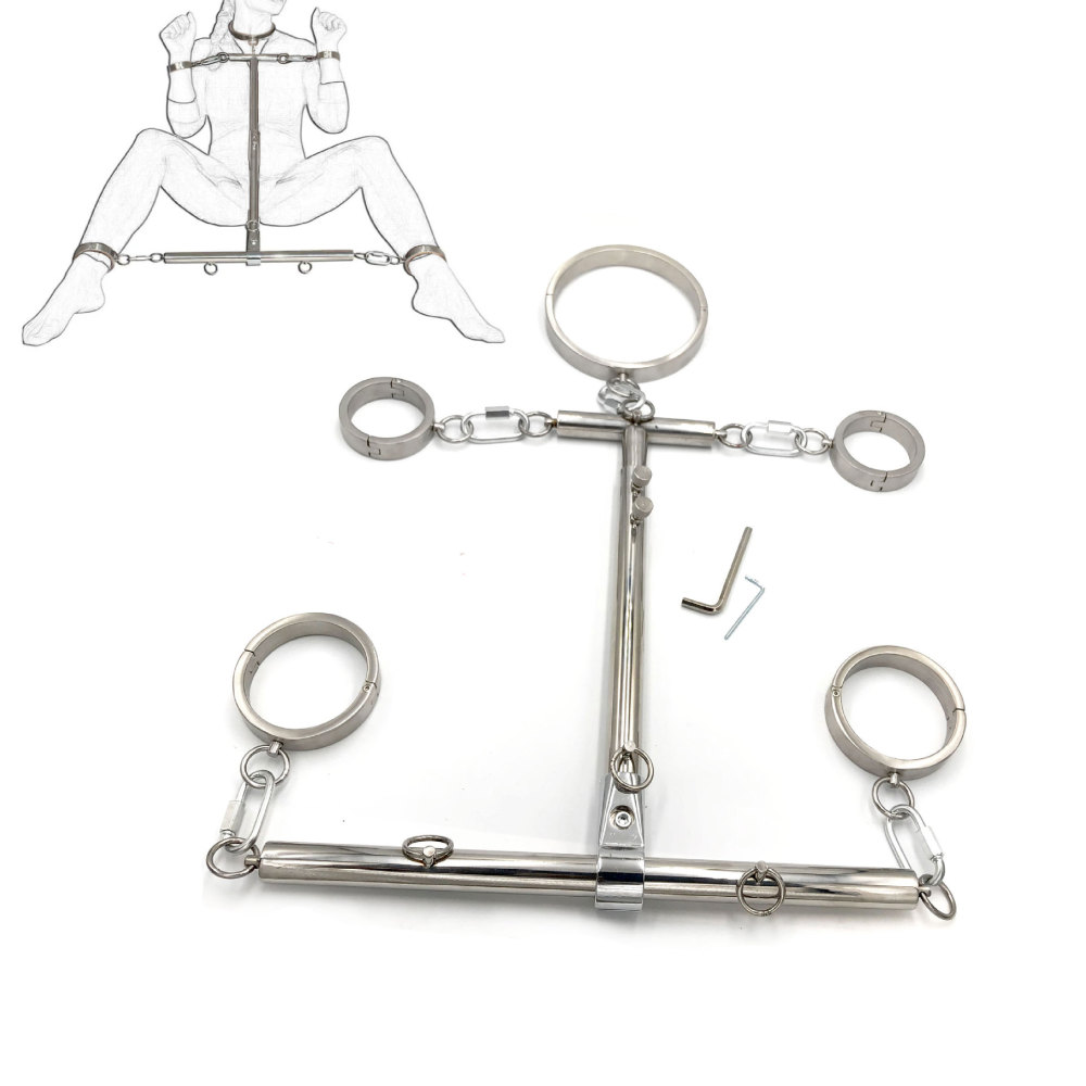 Stainless Steel Bondage Kit Collar+Handcuffs+Ankle Cuffs Connected with Bar