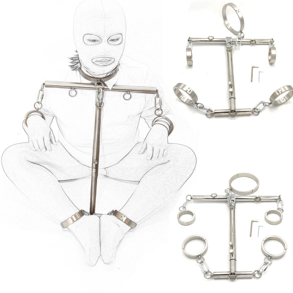 Stainless Steel Bondage Kit Collar+Handcuffs+Ankle Cuffs Connected with Bar
