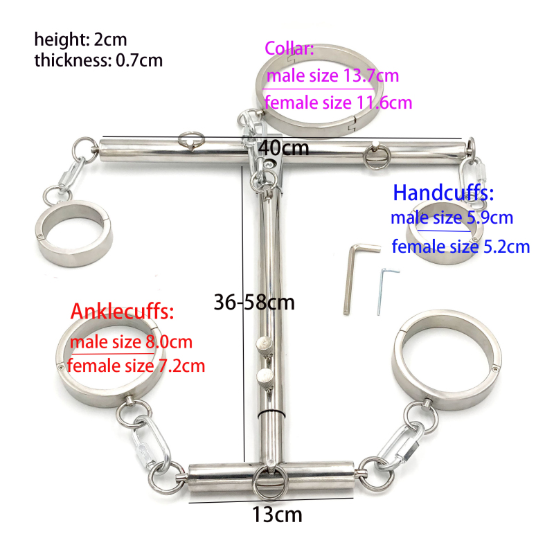 Stainless Steel Bondage Kit Collar+Handcuffs+Ankle Cuffs Connected with Bar