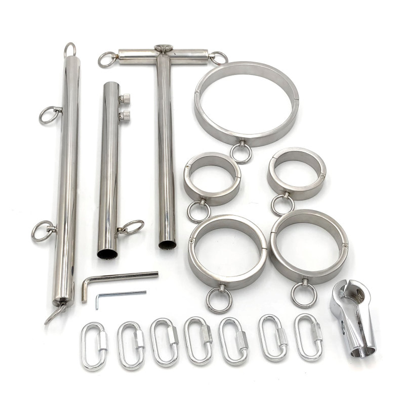 Stainless Steel Bondage Kit Collar+Handcuffs+Ankle Cuffs Connected with Bar