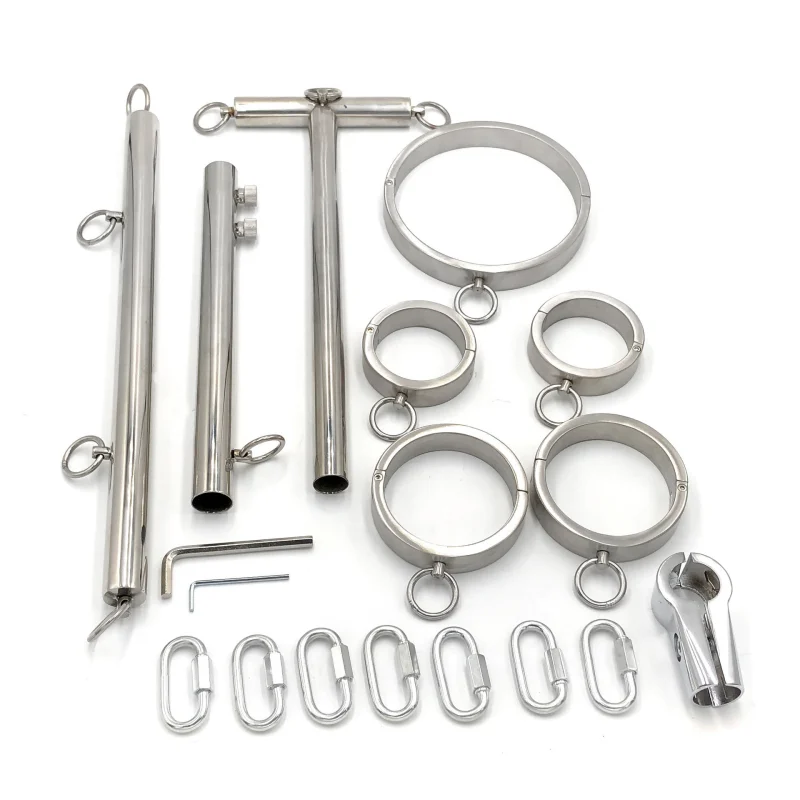 Handcuff Kit Stainless Steel Bondage Kit Collar+Handcuffs+Ankle Cuffs Connected with Bar