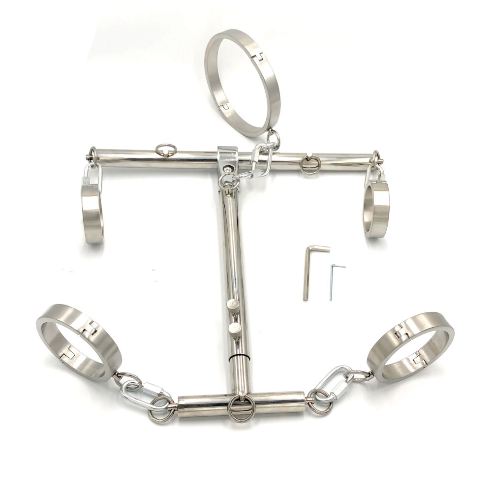 Stainless Steel Bondage Kit Collar+Handcuffs+Ankle Cuffs Connected with Bar
