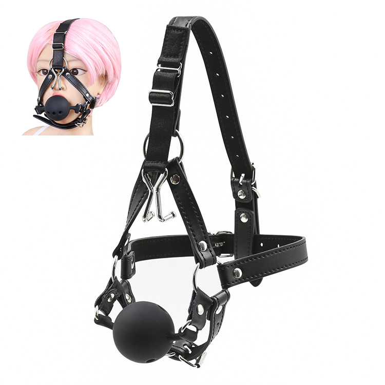 PU Leather Nose Hook Mouth Gag With Breathable Silicone Black Ball Gag
