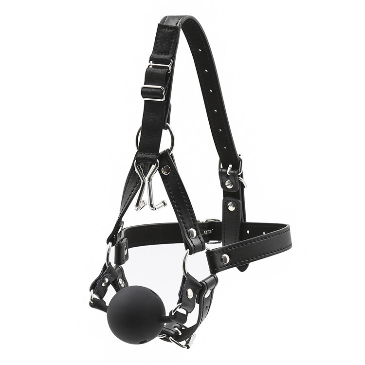 PU Leather Nose Hook Mouth Gag With Breathable Silicone Black Ball Gag