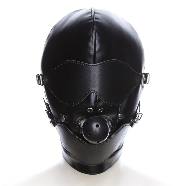 PU Leather Head Hood Masks with Eye Mask Mouth Gag Solid Ball