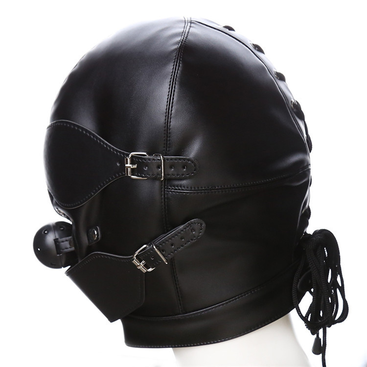 PU Leather Head Hood Masks with Eye Mask Mouth Gag Solid Ball