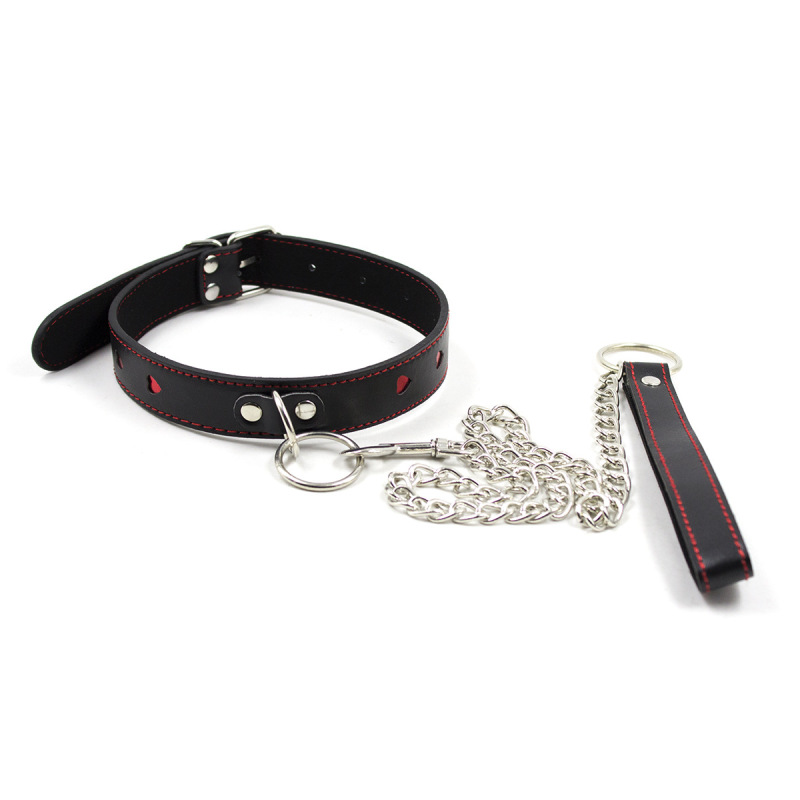 PU Leather Bondage Red Heart Neck Collar with Leash Chain