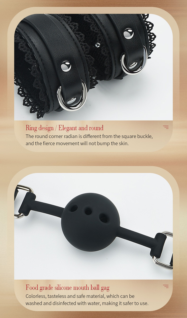 Lace PU Leather Bondage Gear Collar Handcuffs Ankle-Cuffs Anal-Plug Mouth-Gag Eye-Mask Whip Oval-Bag Total 8pcs Sets