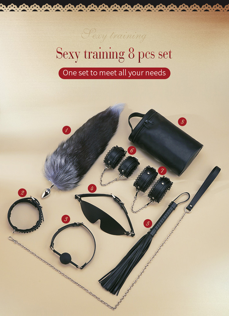 Lace PU Leather Bondage Gear Collar Handcuffs Ankle-Cuffs Anal-Plug Mouth-Gag Eye-Mask Whip Oval-Bag Total 8pcs Sets