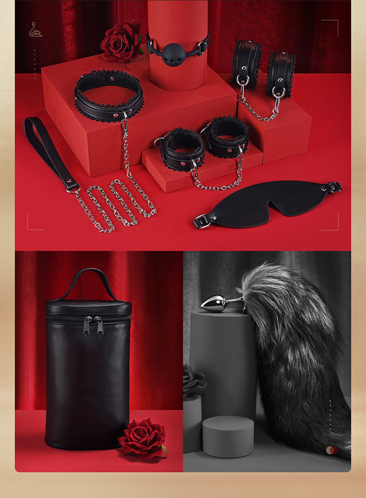 Lace PU Leather Bondage Gear Collar Handcuffs Ankle-Cuffs Anal-Plug Mouth-Gag Eye-Mask Whip Oval-Bag Total 8pcs Sets