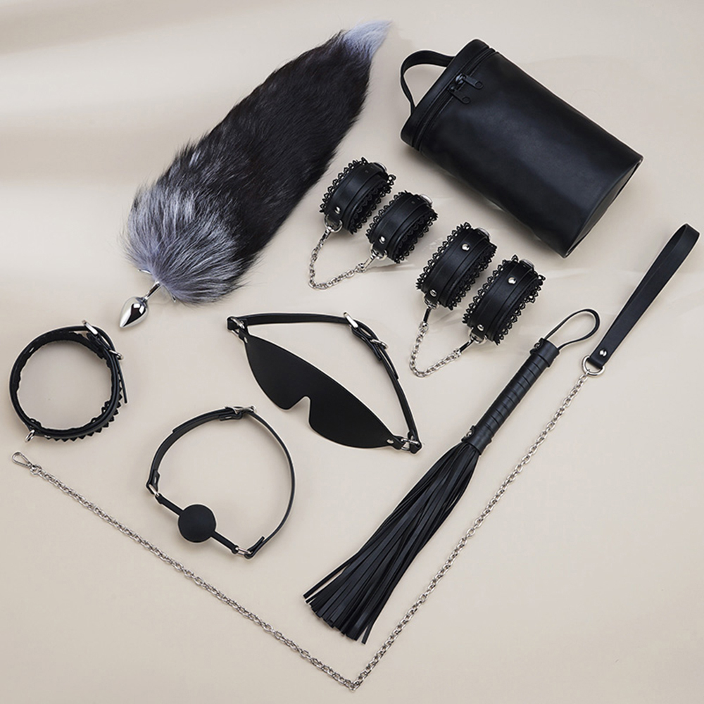 Lace PU Leather Bondage Gear Collar Handcuffs Ankle-Cuffs Anal-Plug Mouth-Gag Eye-Mask Whip Oval-Bag Total 8pcs Sets
