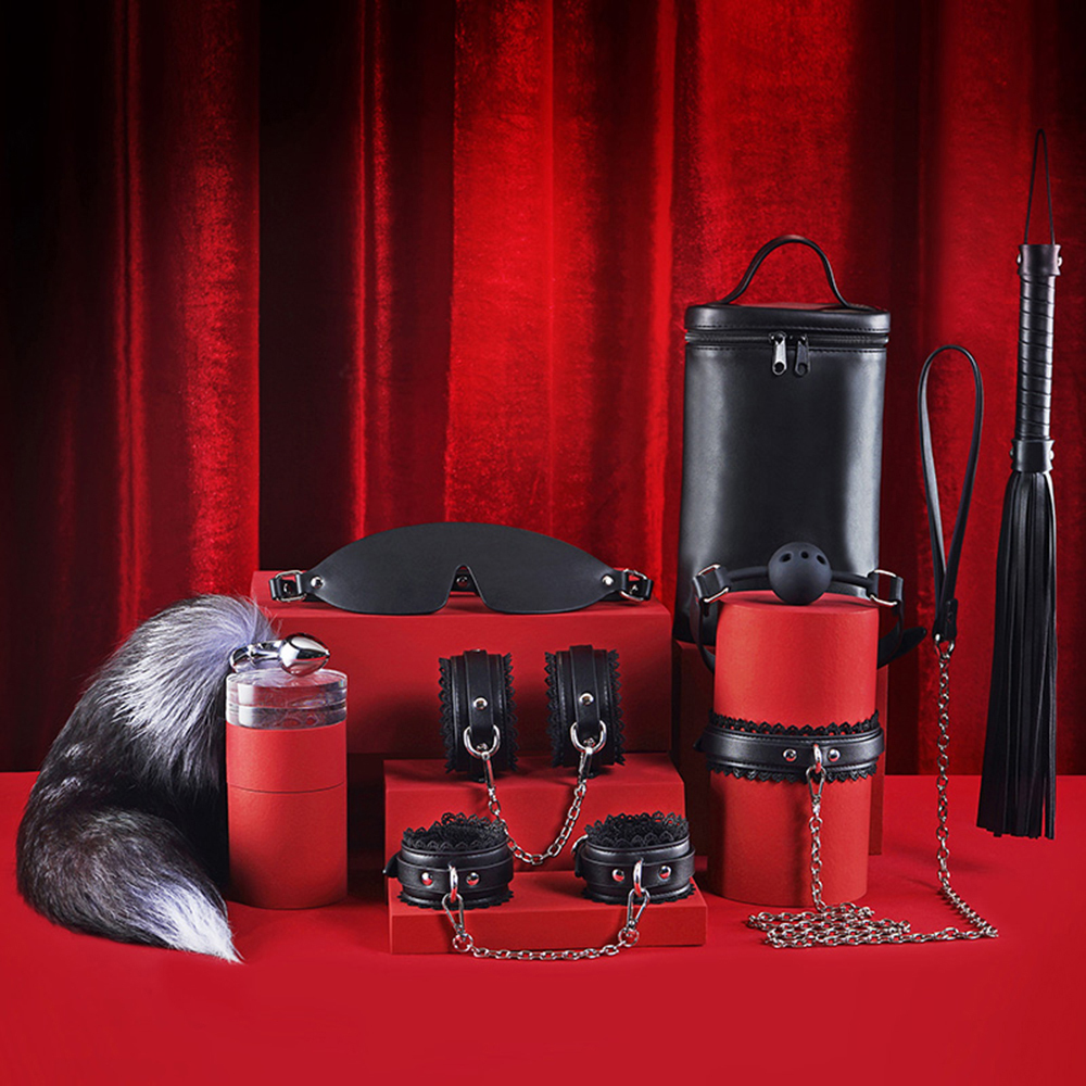 Lace PU Leather Bondage Gear Collar Handcuffs Ankle-Cuffs Anal-Plug Mouth-Gag Eye-Mask Whip Oval-Bag Total 8pcs Sets