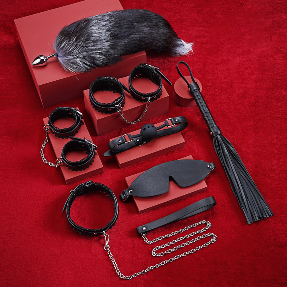 Lace PU Leather Bondage Gear Collar Handcuffs Ankle-Cuffs Anal-Plug Mouth-Gag Eye-Mask Whip Oval-Bag Total 8pcs Sets