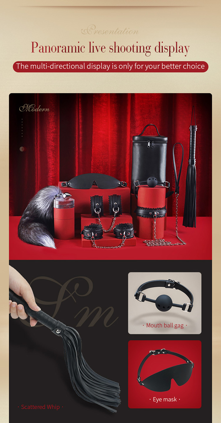 Lace PU Leather Bondage Gear Collar Handcuffs Ankle-Cuffs Anal-Plug Mouth-Gag Eye-Mask Whip Oval-Bag Total 8pcs Sets
