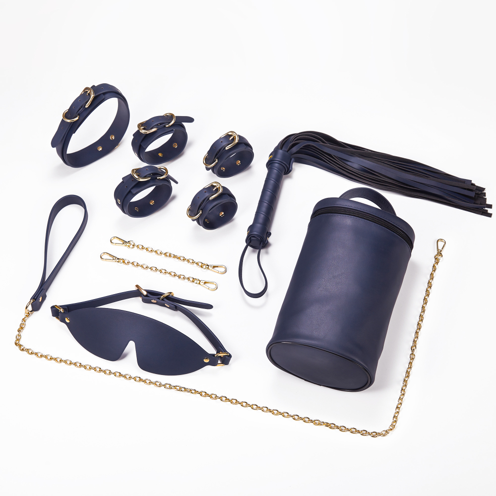 PU Leather Bondage Gear Collar Handcuffs Ankle-Cuffs Eye-Mask Whip Oval-Bag Set