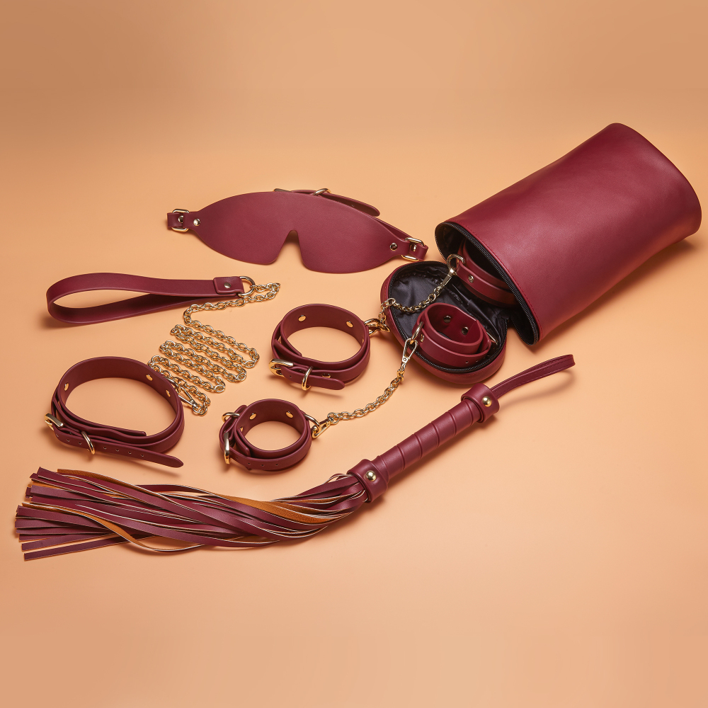 PU Leather Bondage Gear Collar Handcuffs Ankle-Cuffs Eye-Mask Whip Oval-Bag Set