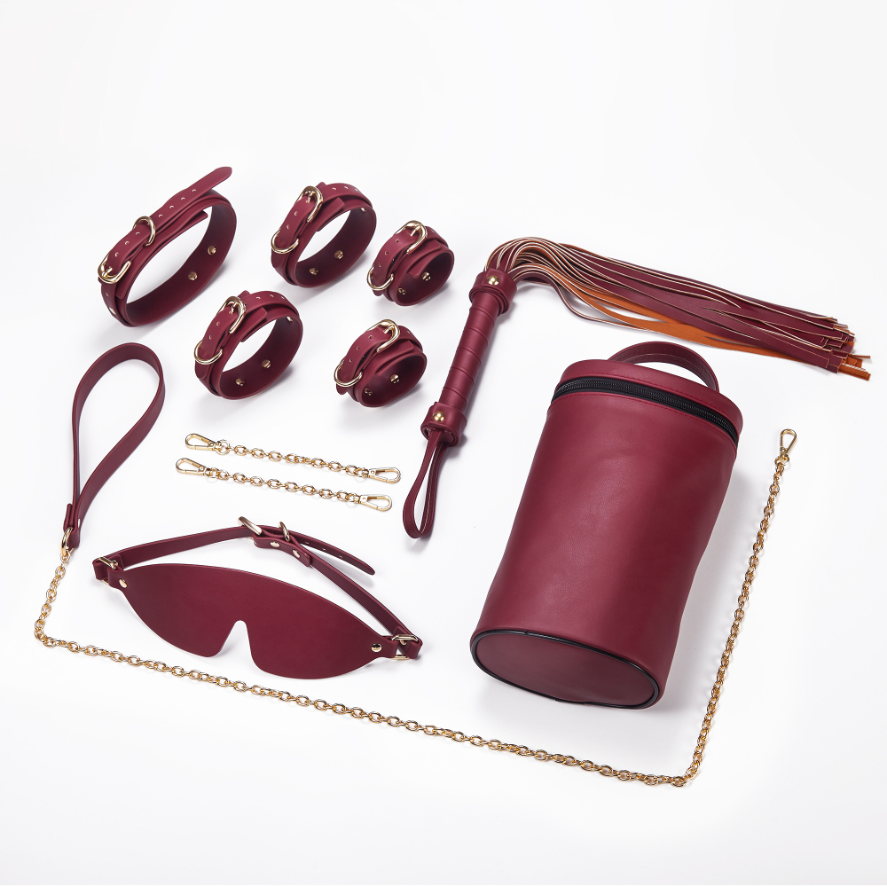 PU Leather Bondage Gear Collar Handcuffs Ankle-Cuffs Eye-Mask Whip Oval-Bag Set