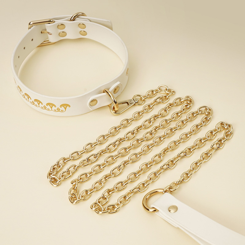 PU Leather Bondage Gear Collar Handcuffs Ankle-Cuffs Eye-Mask Whip Oval-Bag Set White&Gold Color