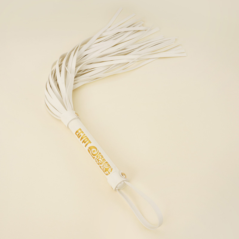 PU Leather Bondage Gear Collar Handcuffs Ankle-Cuffs Eye-Mask Whip Oval-Bag Set White&Gold Color