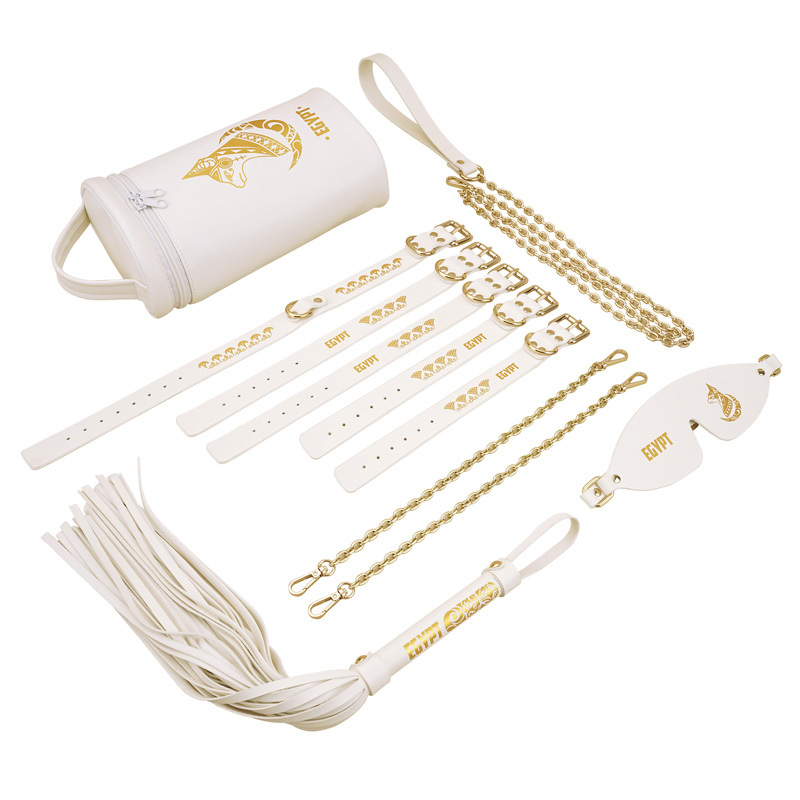 PU Leather Bondage Gear Collar Handcuffs Ankle-Cuffs Eye-Mask Whip Oval-Bag Set White&Gold Color