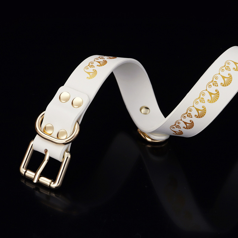 PU Leather Bondage Gear Collar Handcuffs Ankle-Cuffs Eye-Mask Whip Oval-Bag Set White&Gold Color