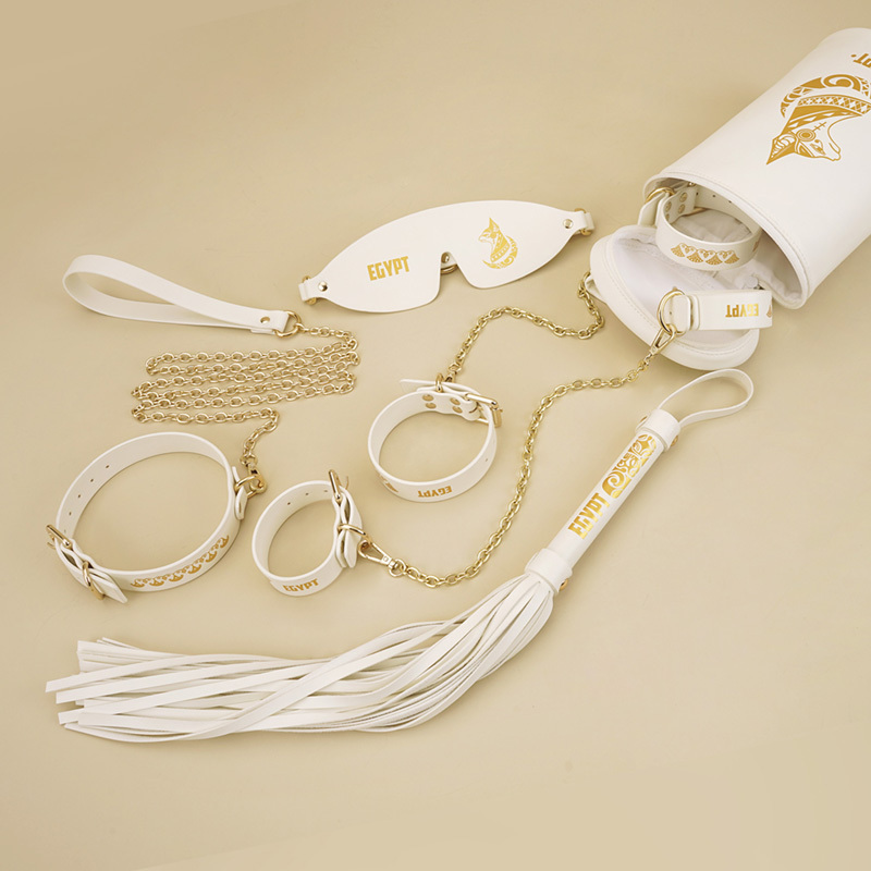 PU Leather Bondage Gear Collar Handcuffs Ankle-Cuffs Eye-Mask Whip Oval-Bag Set White&Gold Color
