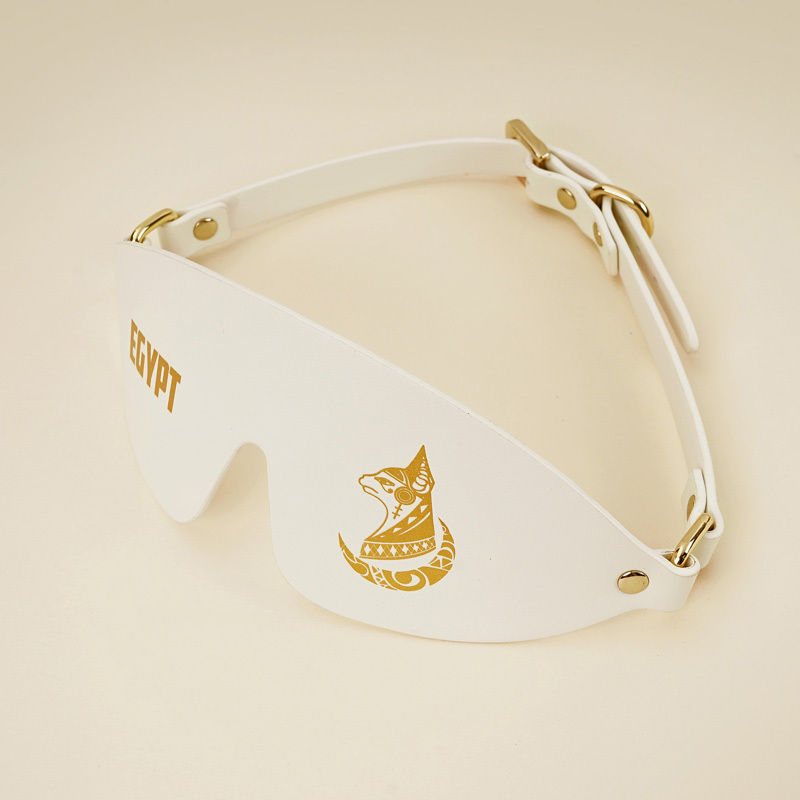 PU Leather Bondage Gear Collar Handcuffs Ankle-Cuffs Eye-Mask Whip Oval-Bag Set White&Gold Color