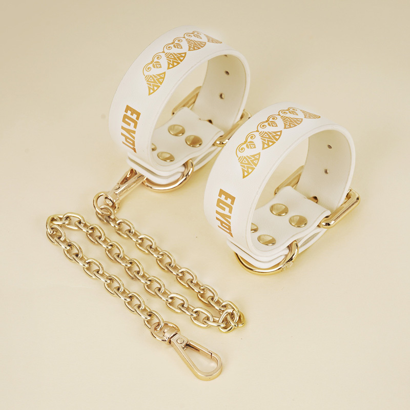PU Leather Bondage Gear Collar Handcuffs Ankle-Cuffs Eye-Mask Whip Oval-Bag Set White&Gold Color