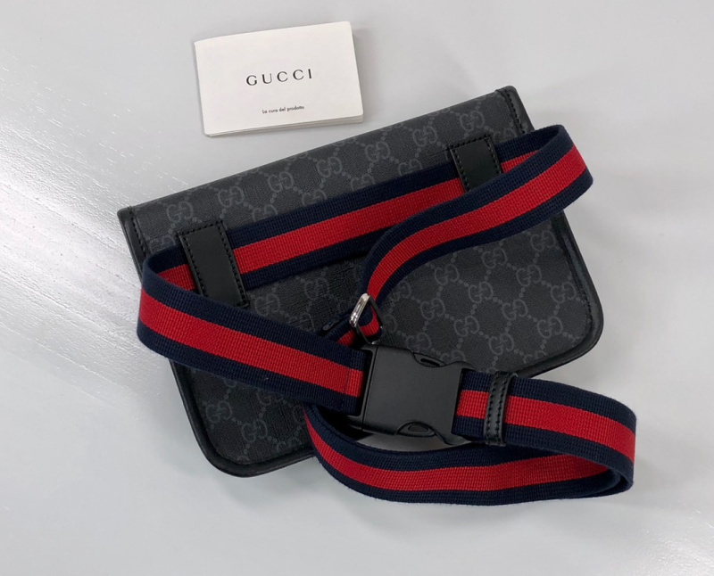 Gucci古驰 23FW08 男士GG Supreme条纹织带腰包GG Supreme帆布腰包598113  男包