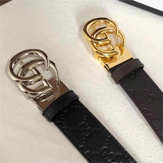 古驰男士腰带，双G旋转金属扣，logo压纹皮带36mm