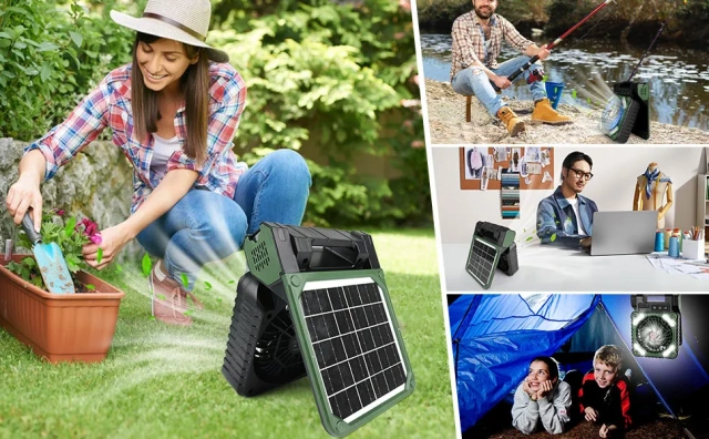 BALACN X99 Solar Powered Fan for Camping Rechargeable Battery Operated Portable 4 Speeds Powerful Wind with LED Lantern,90° Folding Portable Desk Fan