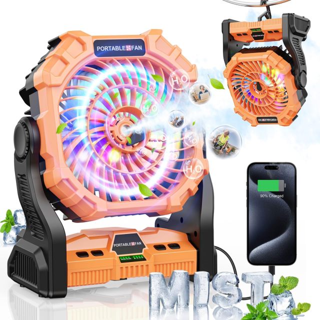 BALACN  BL-X29 Portable Rechargeable Misting Fan with RGB Lights & 200mL Water Tank – 7800mAh Battery Operated Cooling Fan for Camping, Outdoor, RV, Beach, Patio – USB Rechargeable, Timer, and Hanging Hook for Summer Relief