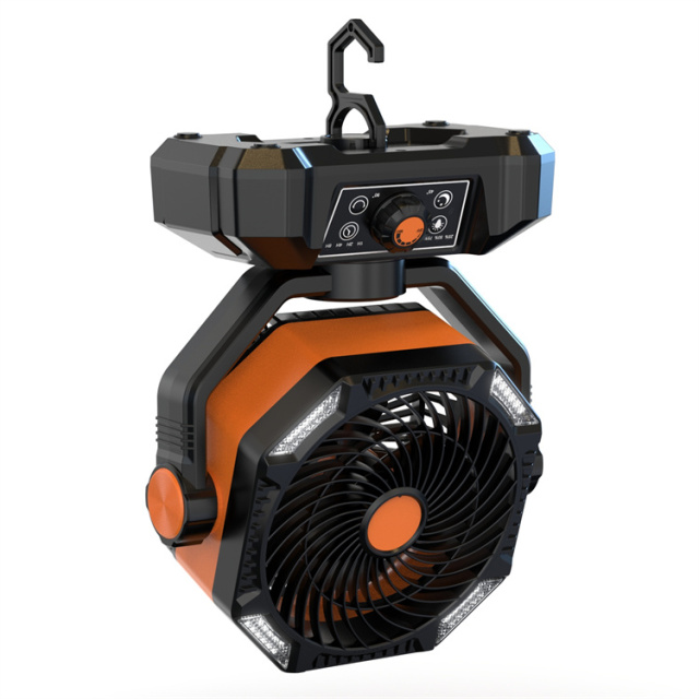 BALACN BL-F909 16000mAh Camping Table Fan with 𝗗𝘂𝗮𝗹 Motor, Battery Operated Fan with 4 LED Lantern, 8 Speeds Desk Fan with Remote, Portable Outdoor Fan with Hook for Tent, Power Outages, Jobsite