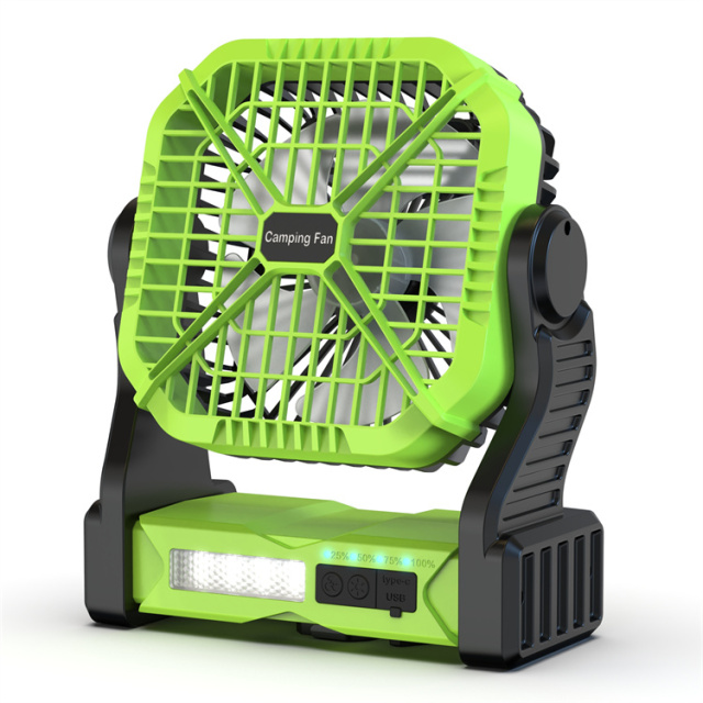 BL-F910A Hanging Hook Camping Fan with LED Lantern & 4-Speed Oscillation – 8000mAh Rechargeable, Cordless Portable Fan for Outdoor Adventures, Emergency Use & Power Outages