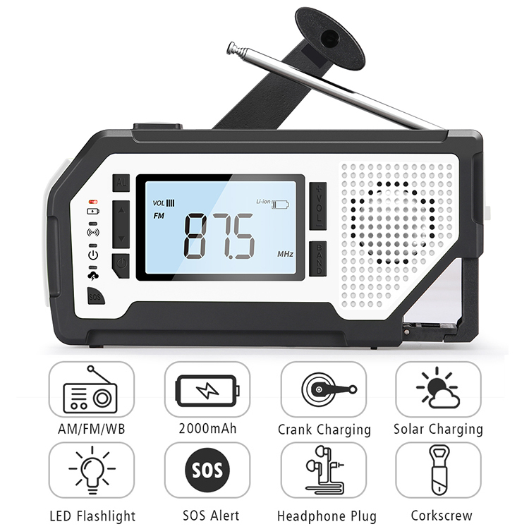 MD-092P 2000mAh Solar Hand-Crank Emergency Weather Radio