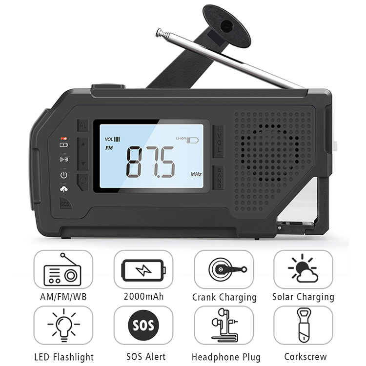 MD-092P 2000mAh Solar Hand-Crank Emergency Weather Radio