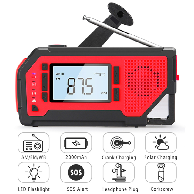 MD-092P 2000mAh Solar Hand-Crank Emergency Weather Radio