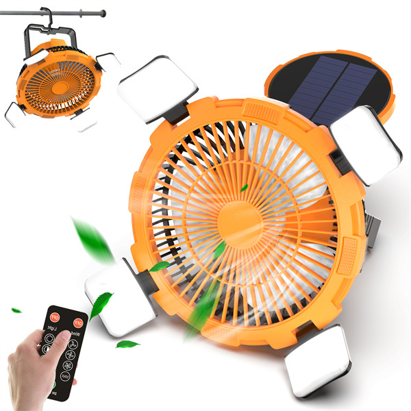 BALACN BL-F901P Solar Fan – Portable Collapsible Camping Solar Powered Fan with LED Lights, Rechargeable Table Fan for Outdoor & Emergency Use （Orange）