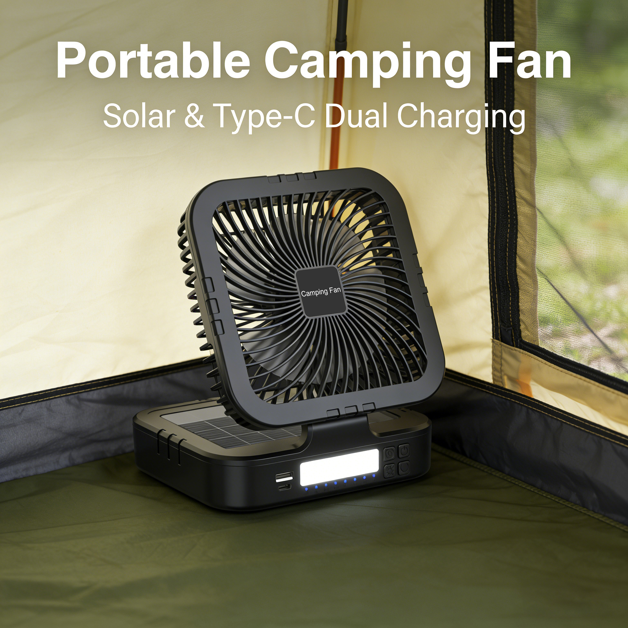 Solar-Powered F915 Camping Fan with Oscillation & LED Light