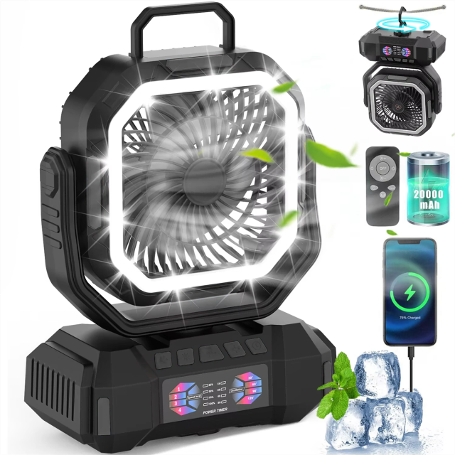 F22 40000mAh Rechargeable Camping Fan with LED Light, Remote Control & Timer – Portable Battery Operated Fan for Camping, RV and Emergency Use