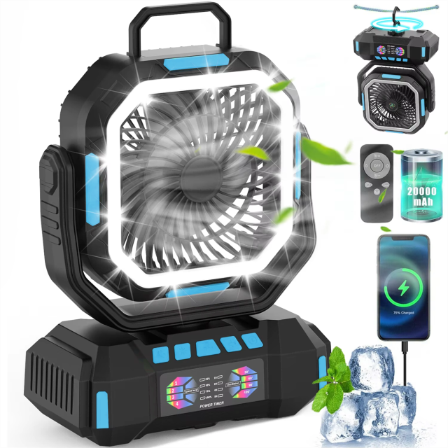 F22 40000mAh Rechargeable Camping Fan with LED Light, Remote Control & Timer – Portable Battery Operated Fan for Camping, RV and Emergency Use