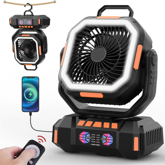 F22 40000mAh Rechargeable Camping Fan with LED Light, Remote Control & Timer – Portable Battery Operated Fan for Camping, RV and Emergency Use