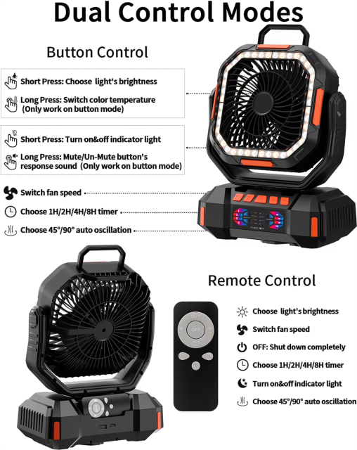 F22 40000mAh Rechargeable Camping Fan with LED Light, Remote Control & Timer – Portable Battery Operated Fan for Camping, RV and Emergency Use