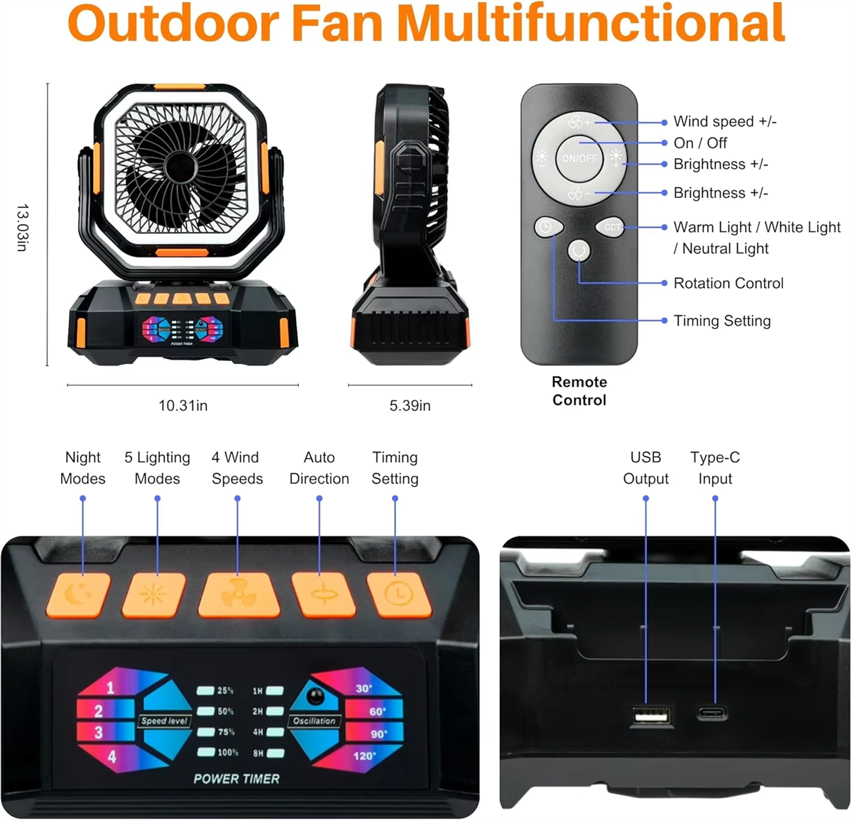 F22 40000mAh Rechargeable Camping Fan with LED Light, Remote Control & Timer – Portable Battery Operated Fan for Camping, RV and Emergency Use