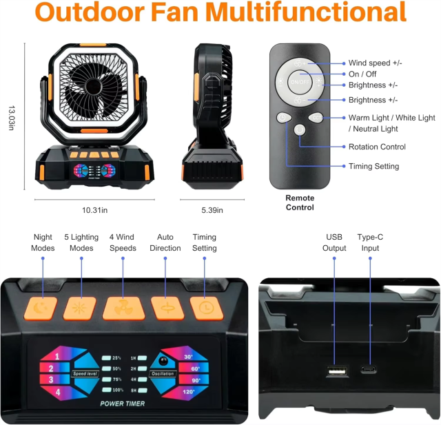 F22 40000mAh Rechargeable Camping Fan with LED Light, Remote Control & Timer – Portable Battery Operated Fan for Camping, RV and Emergency Use