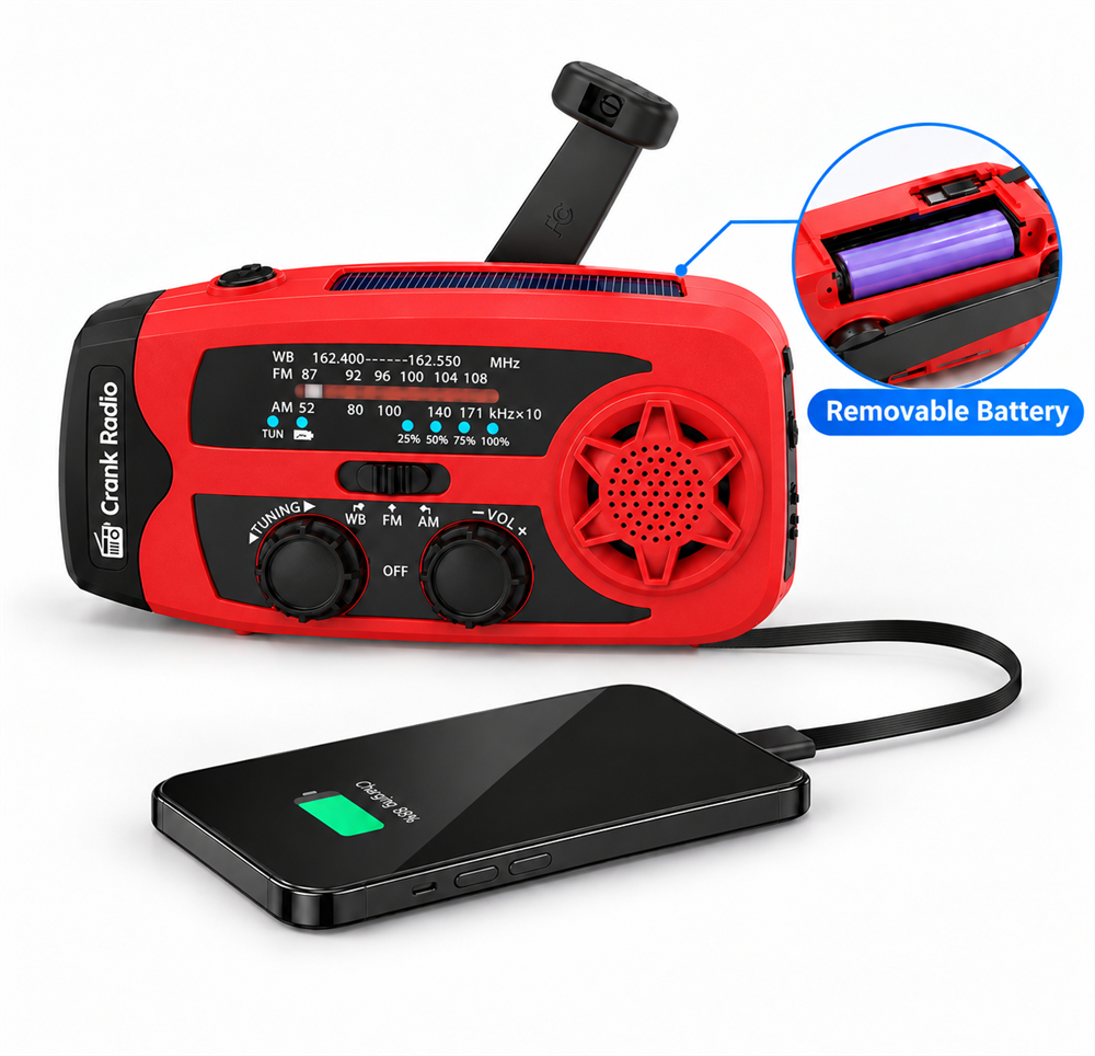 086B Solar Hand Crank Emergency Radio with AM/FM NOAA Weather Alert, LED Flashlight and USB Phone Charger for Camping & Outdoor Survival