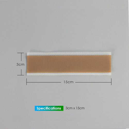 Silicone scar sheet, size 3 cm X 15 cm, thickness 0.4mm, color brown, scar care solution