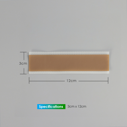 Silicone scar sheet, size 3 cm X 12 cm, thickness 0.4mm, color dark brown, scar care solution