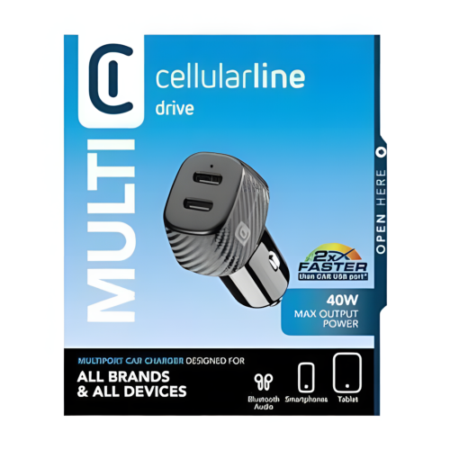 Il caricabatteria da auto Cellularline Car Multipower DUO è dotato di due porte USB-C